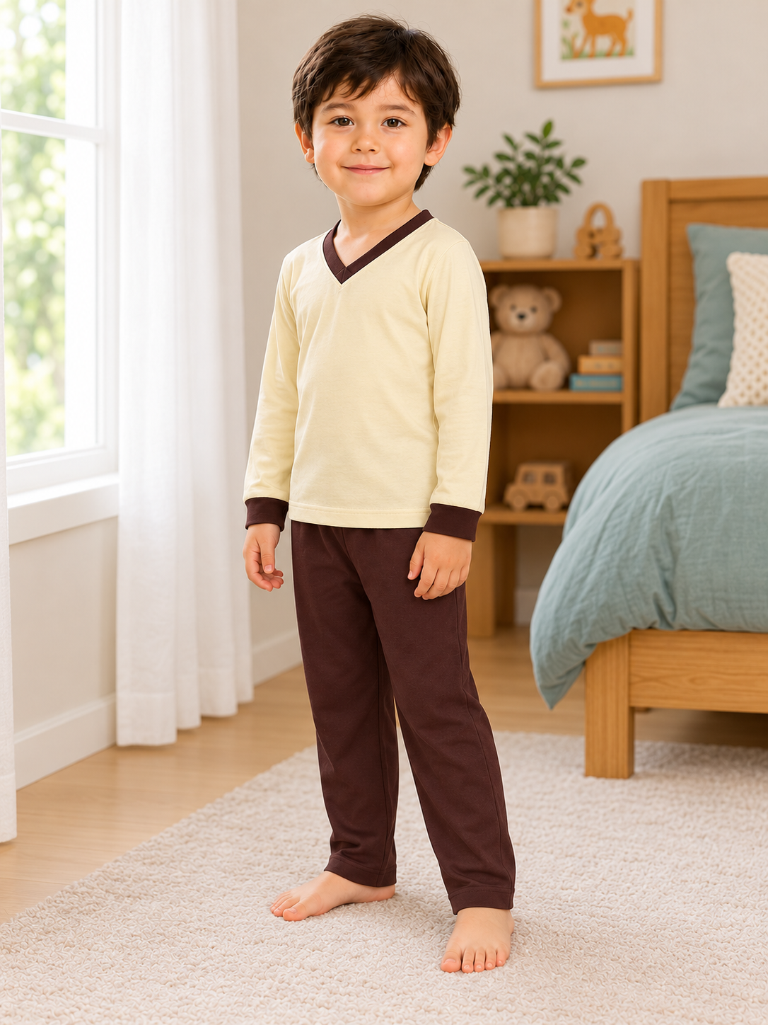 Pijama longo para meninos em algodão, com gola v — Creme e marrom — foto D