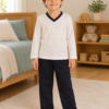 Pijama longo para meninos em algodão, com gola v — Branco e preto — foto A