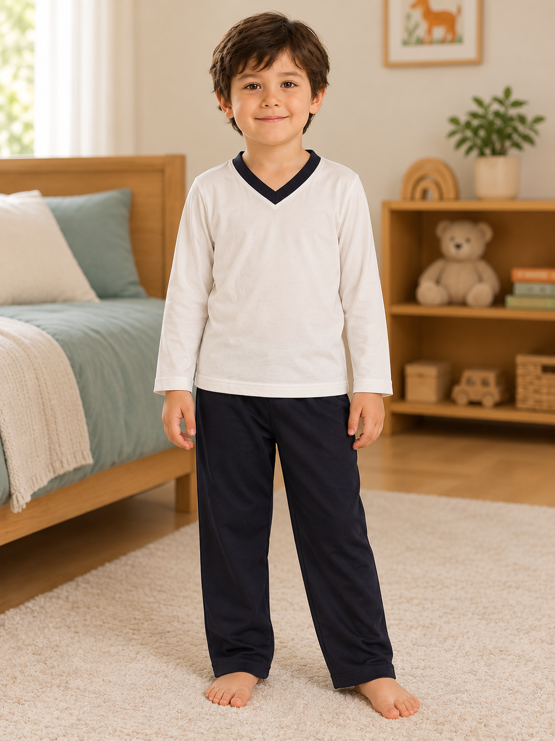 Pijama longo para meninos em algodão, com gola v — Branco e preto — foto A