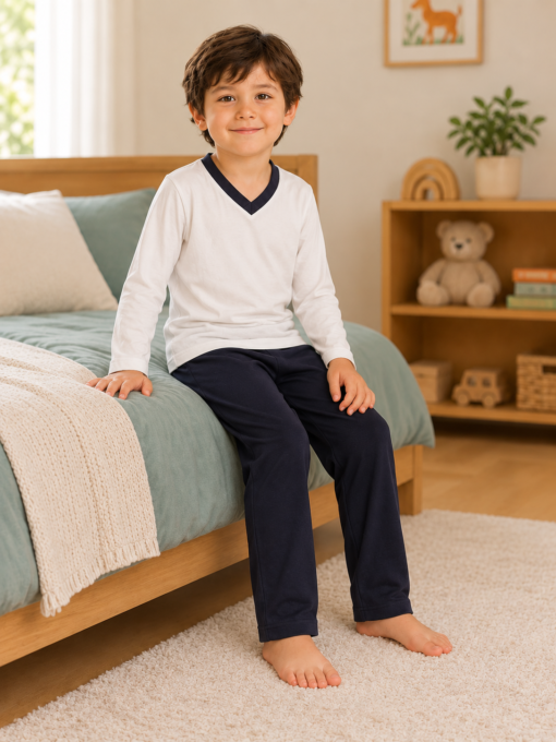 Pijama longo para meninos em algodão, com gola v — Branco e preto — foto B