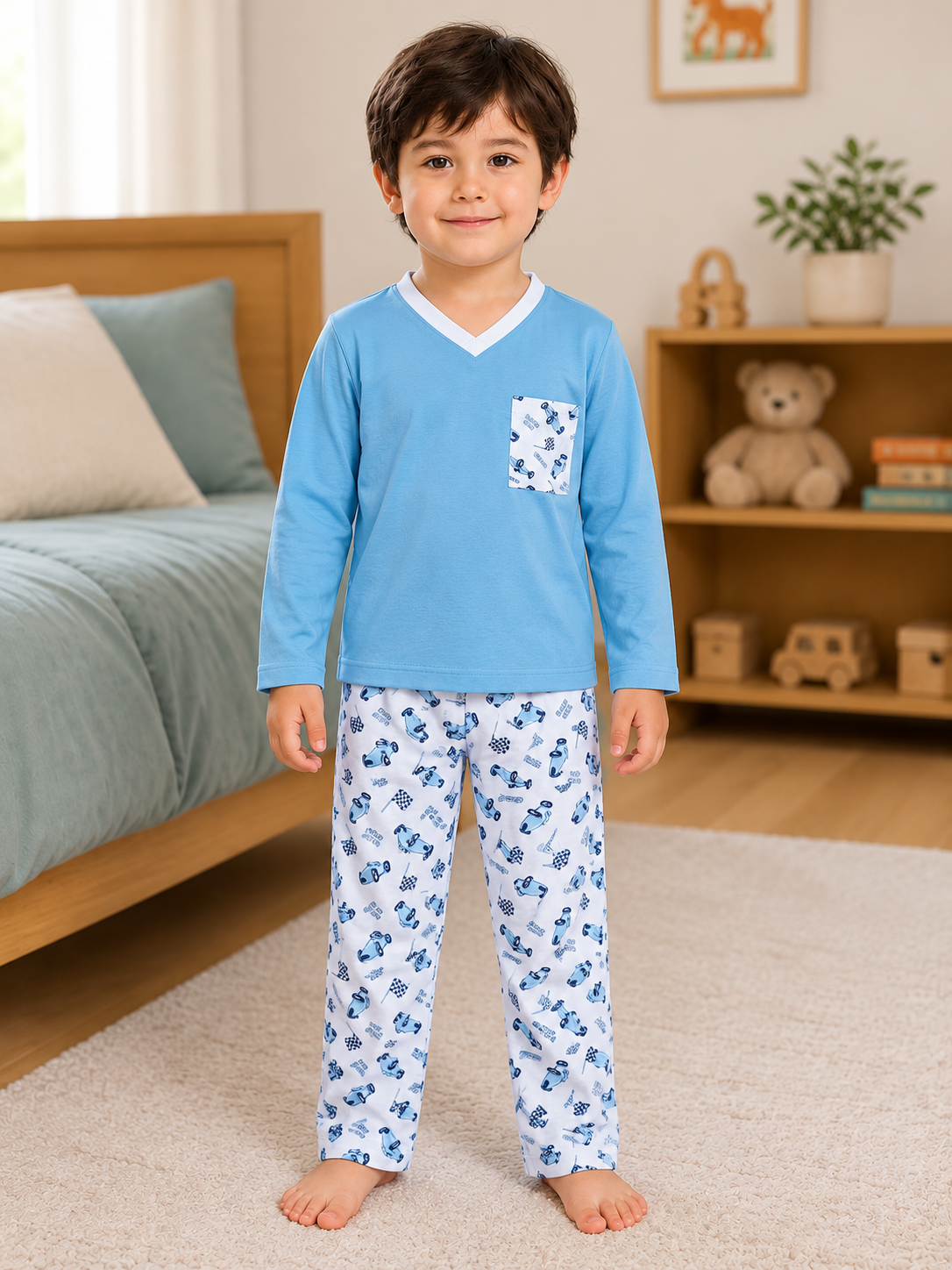 Pijama longo para meninos em algodão, com gola v — Azul claro e branco - carros — foto A