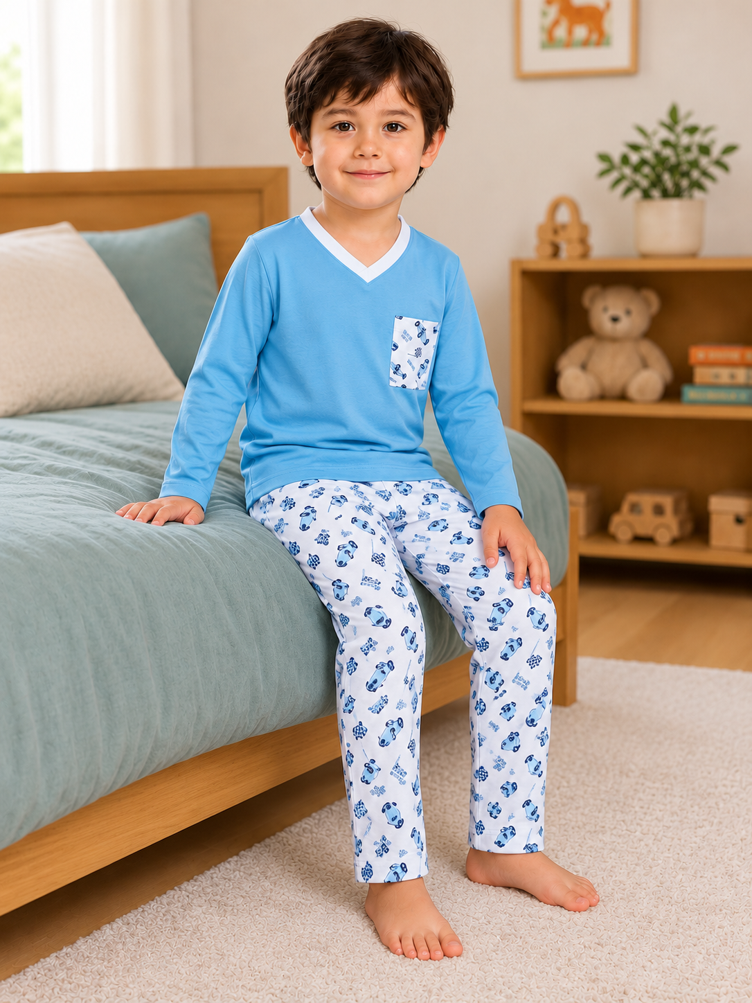 Pijama longo para meninos em algodão, com gola v — Azul claro e branco - carros — foto B