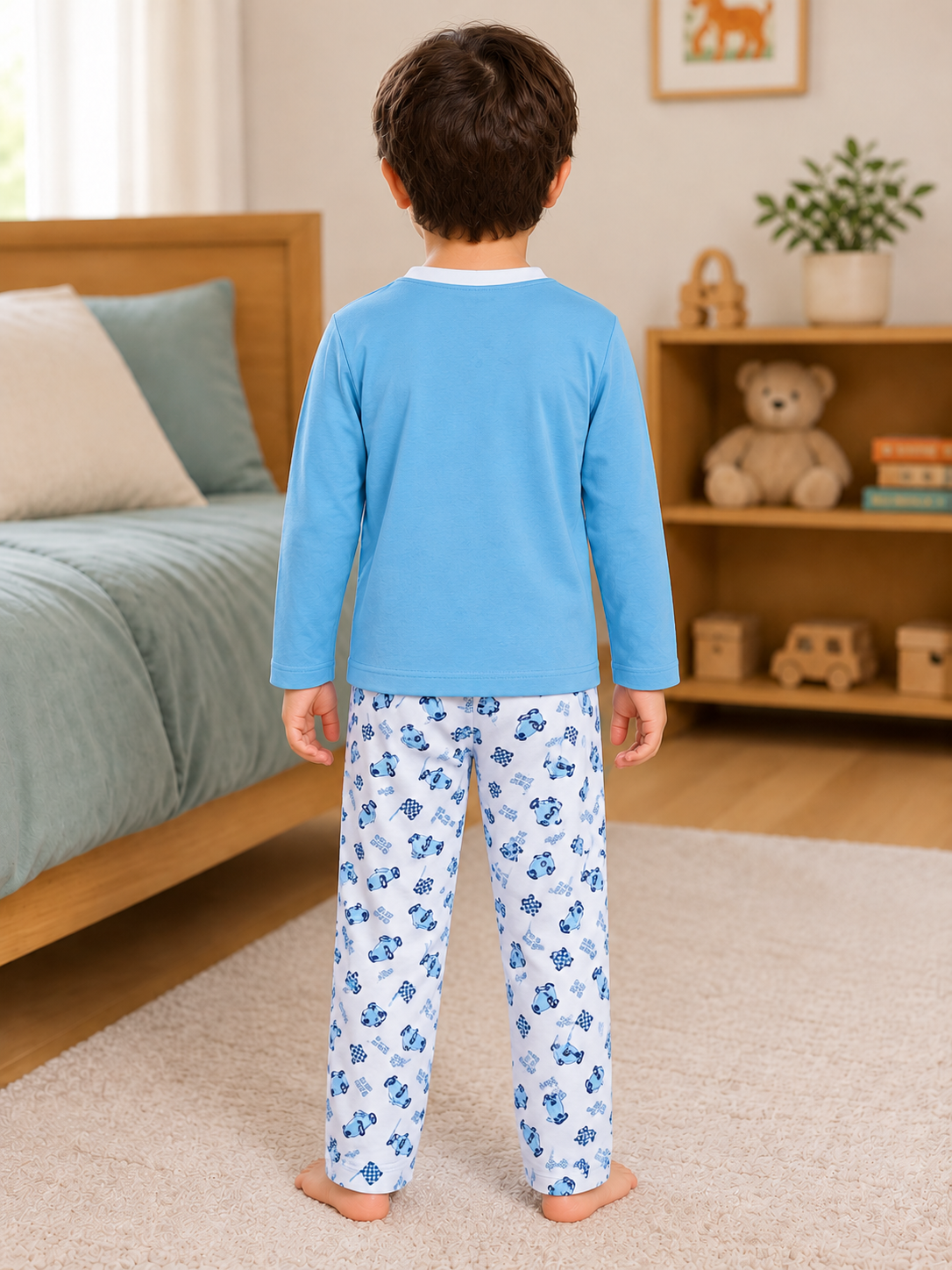 Pijama longo para meninos em algodão, com gola v — Azul claro e branco - carros — foto C