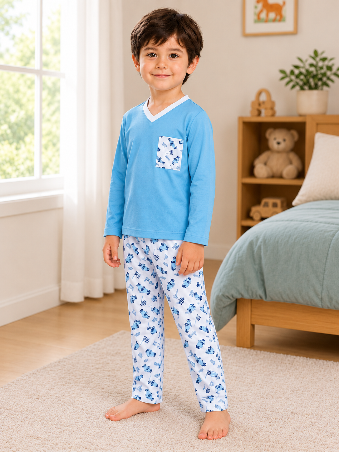 Pijama longo para meninos em algodão, com gola v — Azul claro e branco - carros — foto D