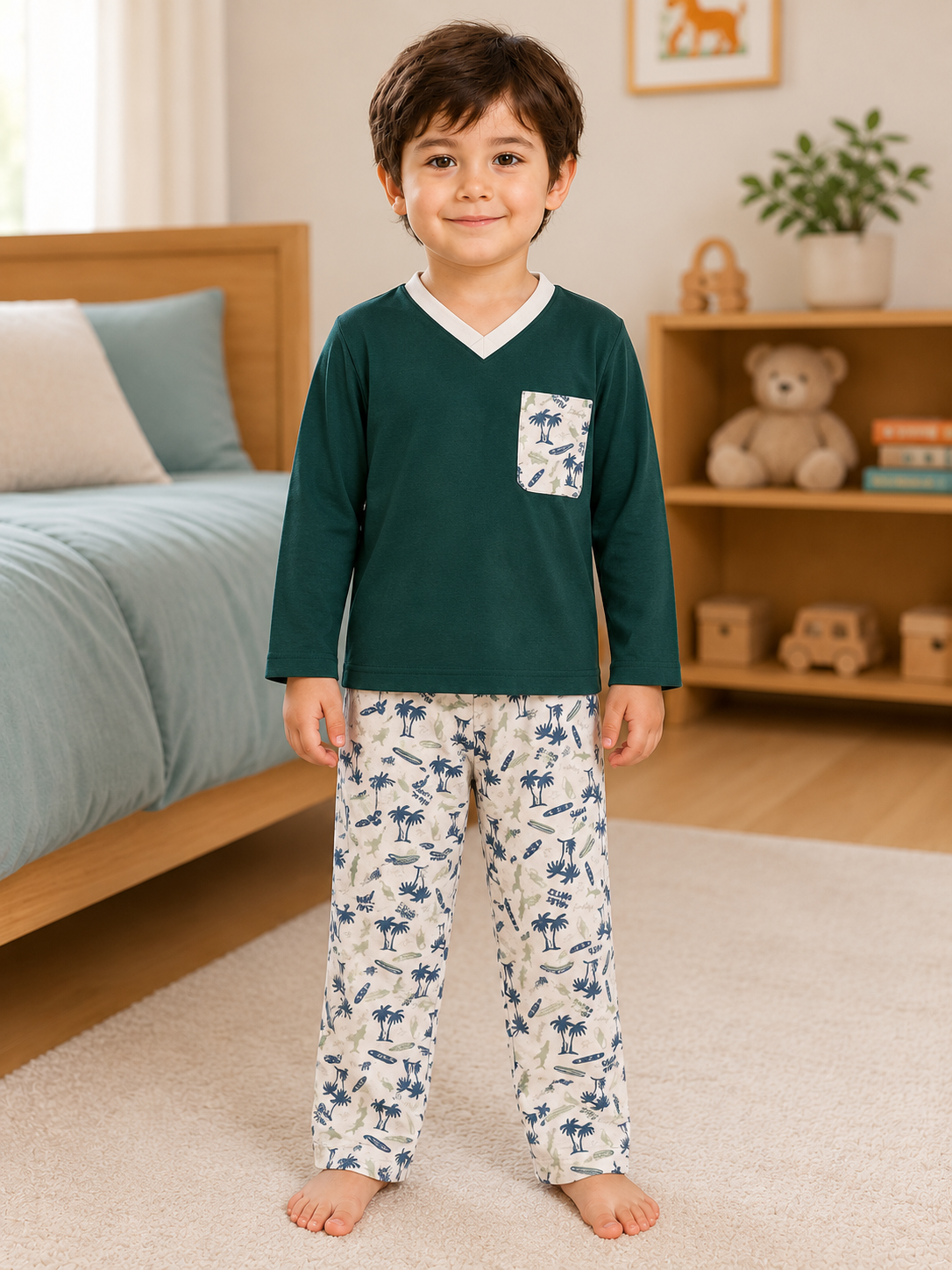 Pijama longo para meninos em algodão, com gola v — Verde escuro e branco - coqueiros — foto A
