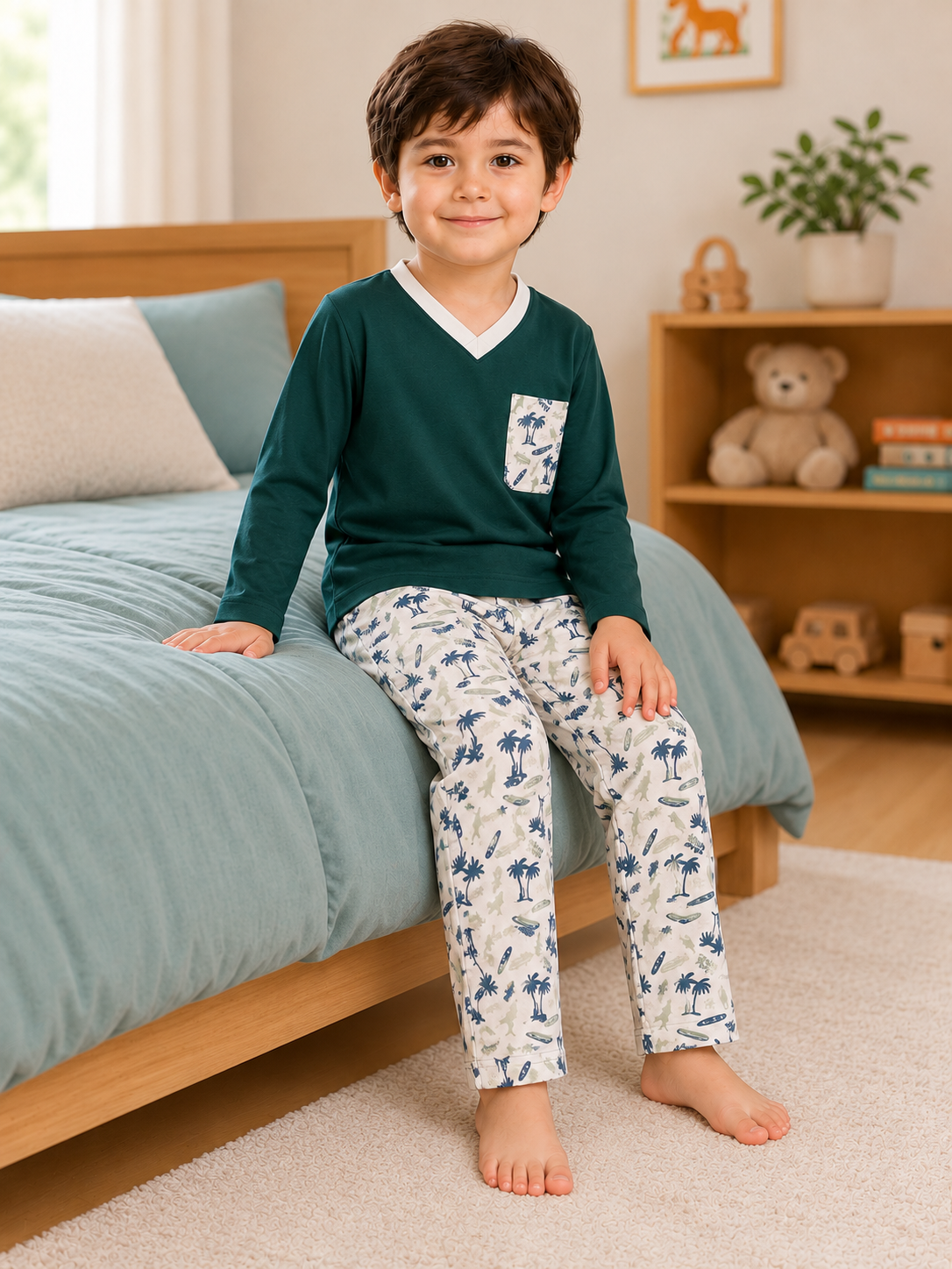 Pijama longo para meninos em algodão, com gola v — Verde escuro e branco - coqueiros — foto B