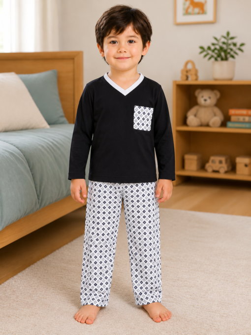 Pijama longo para meninos em algodão, com gola v — Preto e branco - geométrico — foto A