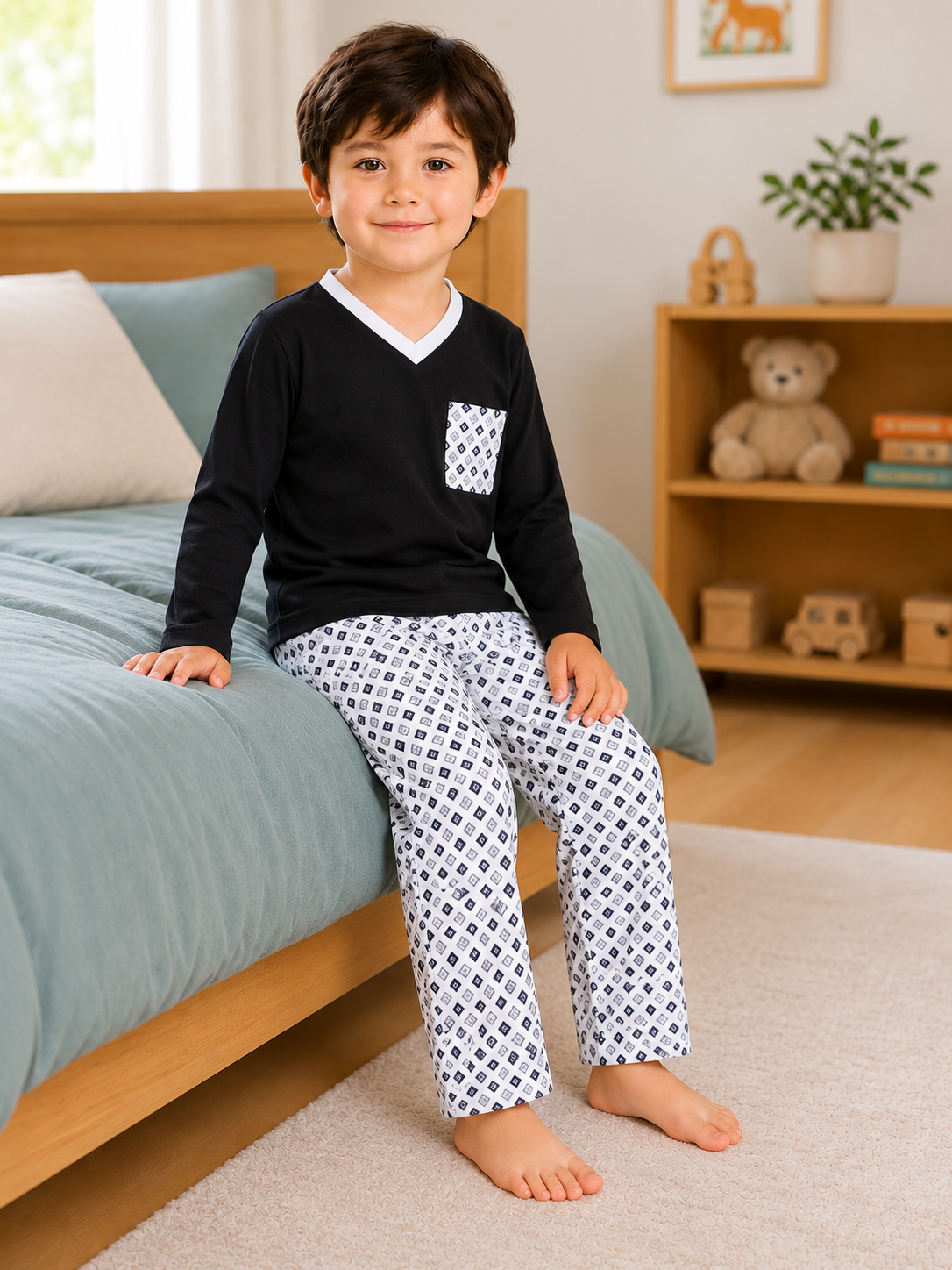 Pijama longo para meninos em algodão, com gola v — Preto e branco - geométrico — foto B