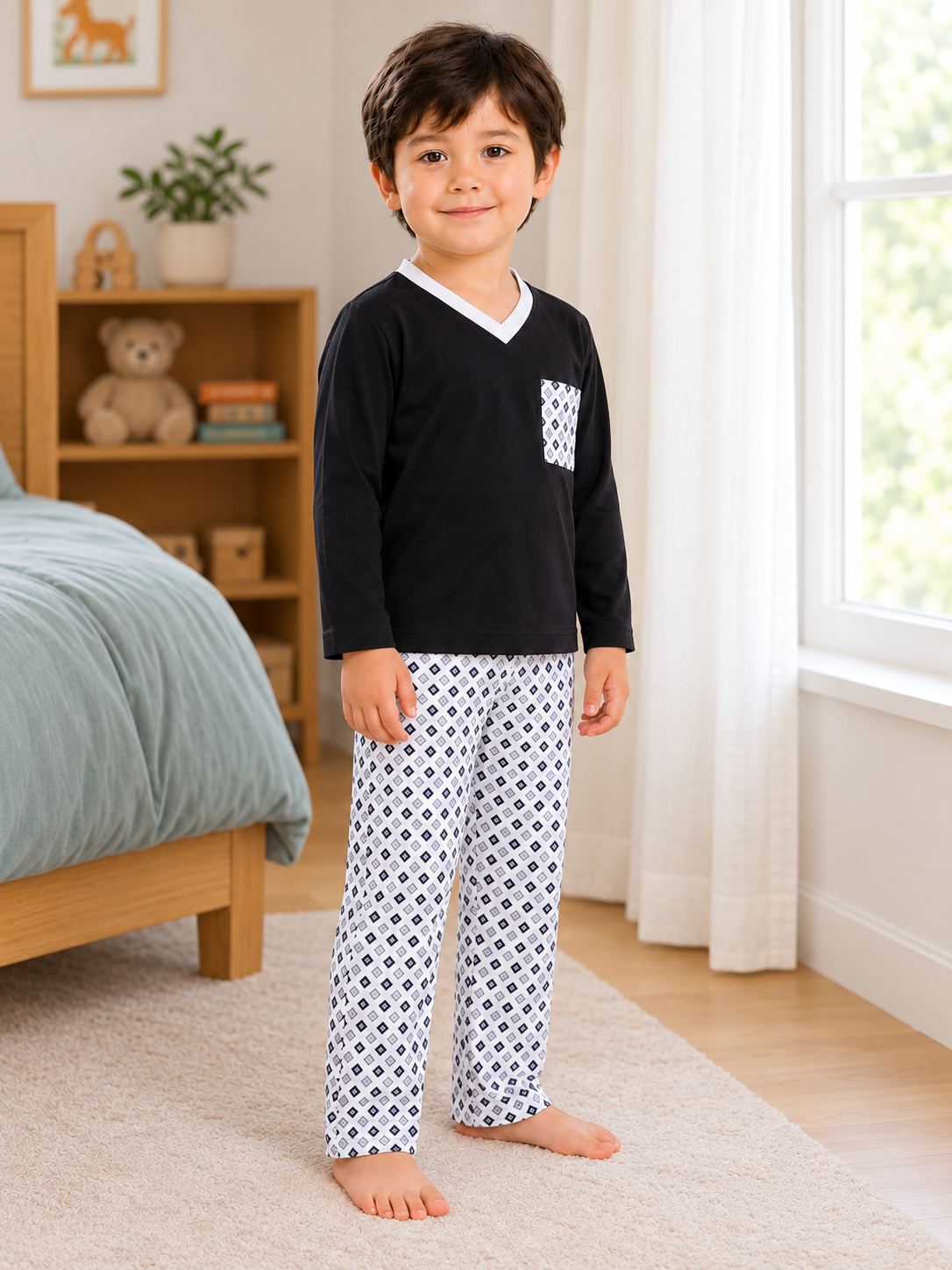 Pijama longo para meninos em algodão, com gola v — Preto e branco - geométrico — foto D