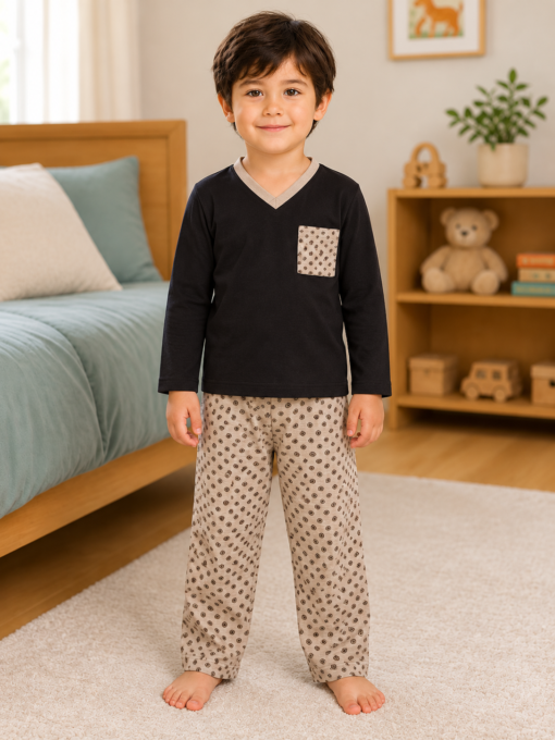Pijama longo para meninos em algodão, com gola v — Preto e bege - geométrico — foto A