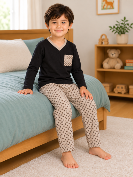 Pijama longo para meninos em algodão, com gola v — Preto e bege - geométrico — foto B