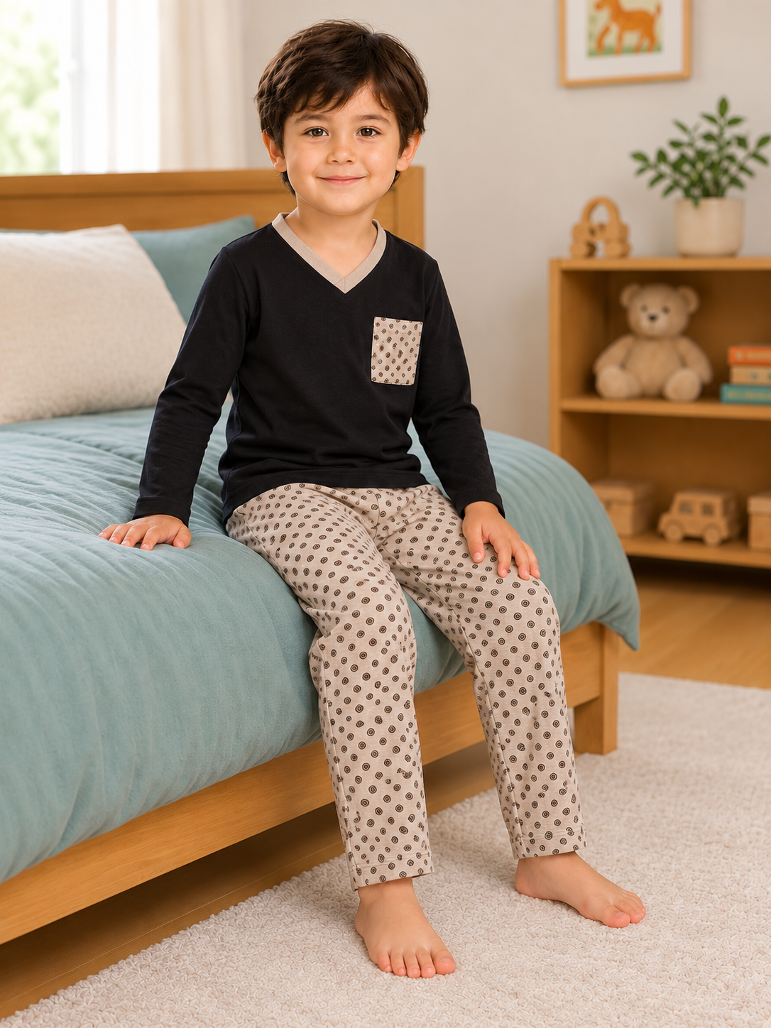 Pijama longo para meninos em algodão, com gola v — Preto e bege - geométrico — foto B