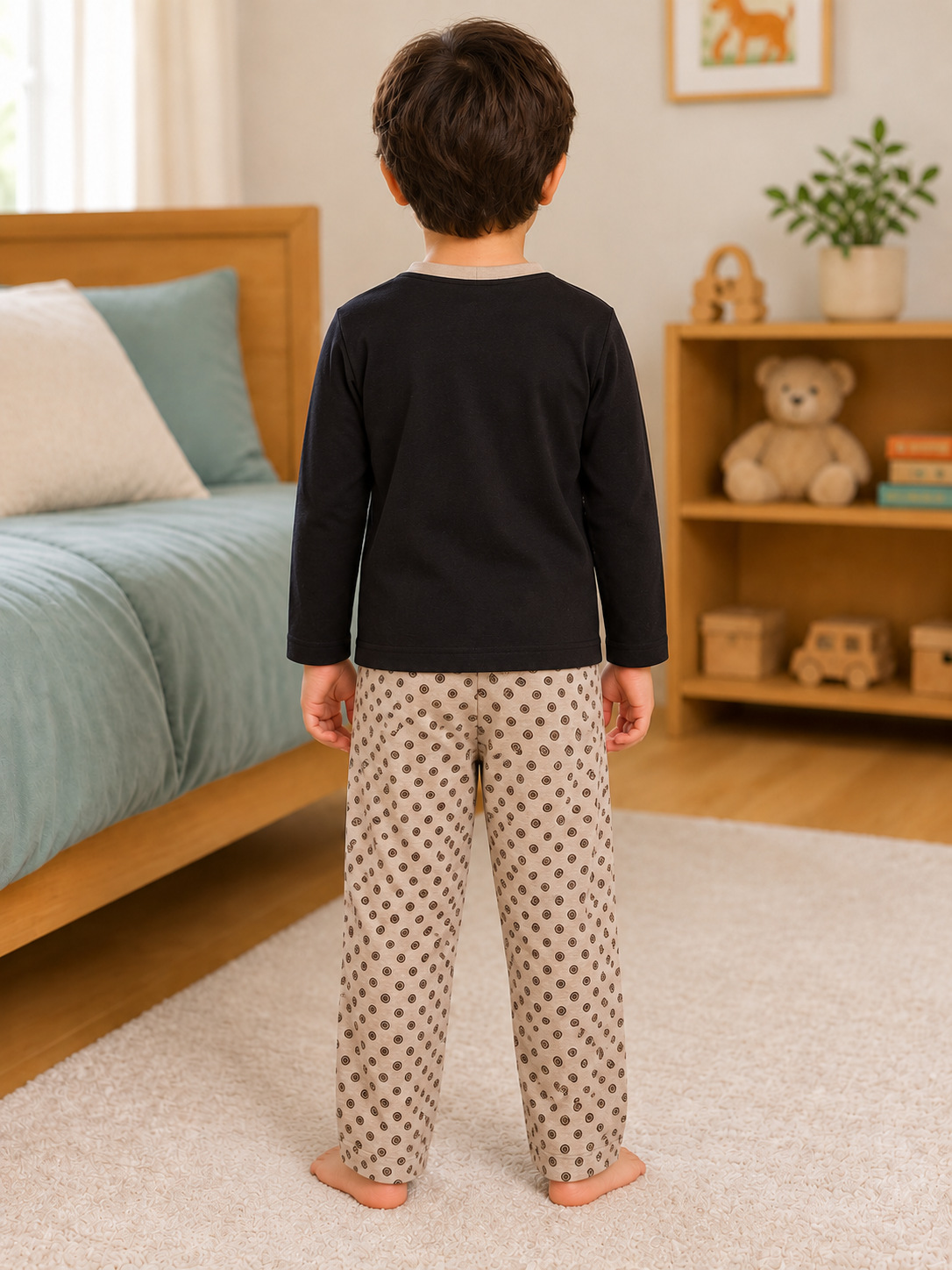 Pijama longo para meninos em algodão, com gola v — Preto e bege - geométrico — foto C