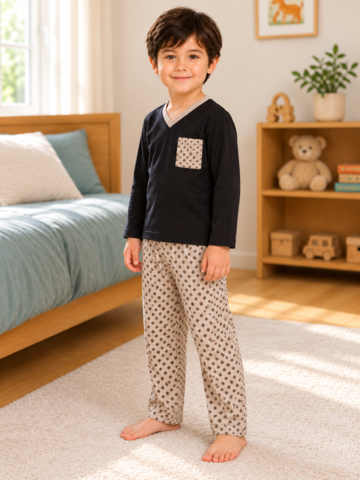 Pijama longo para meninos em algodão, com gola v — Preto e bege - geométrico — foto D