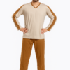Pijama masculino bege com gola V e calça caramelo