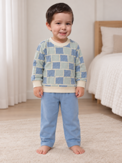 Pijama longo para meninos, Azul com creme quadriculado, modelo Jack, vista A