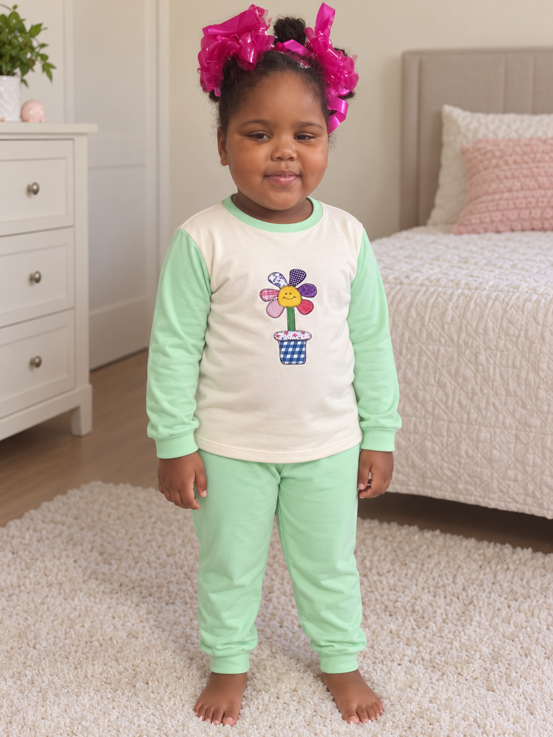 Pijama longo para meninas, Creme e verde menta - flor no vaso, vista A