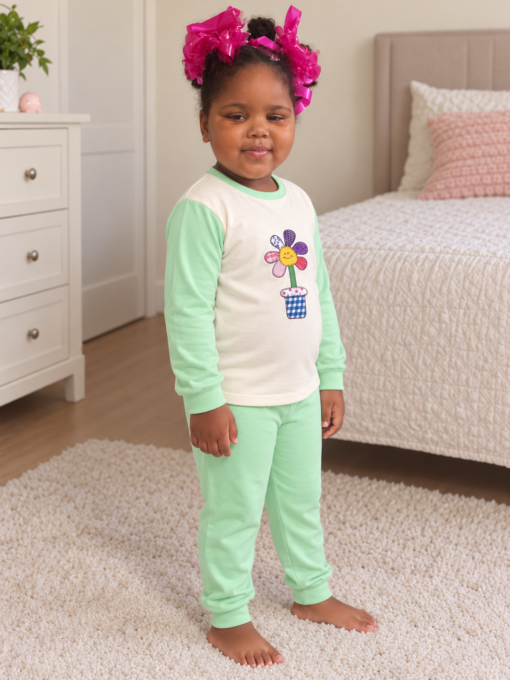 Pijama longo para meninas, Creme e verde menta - flor no vaso, vista B