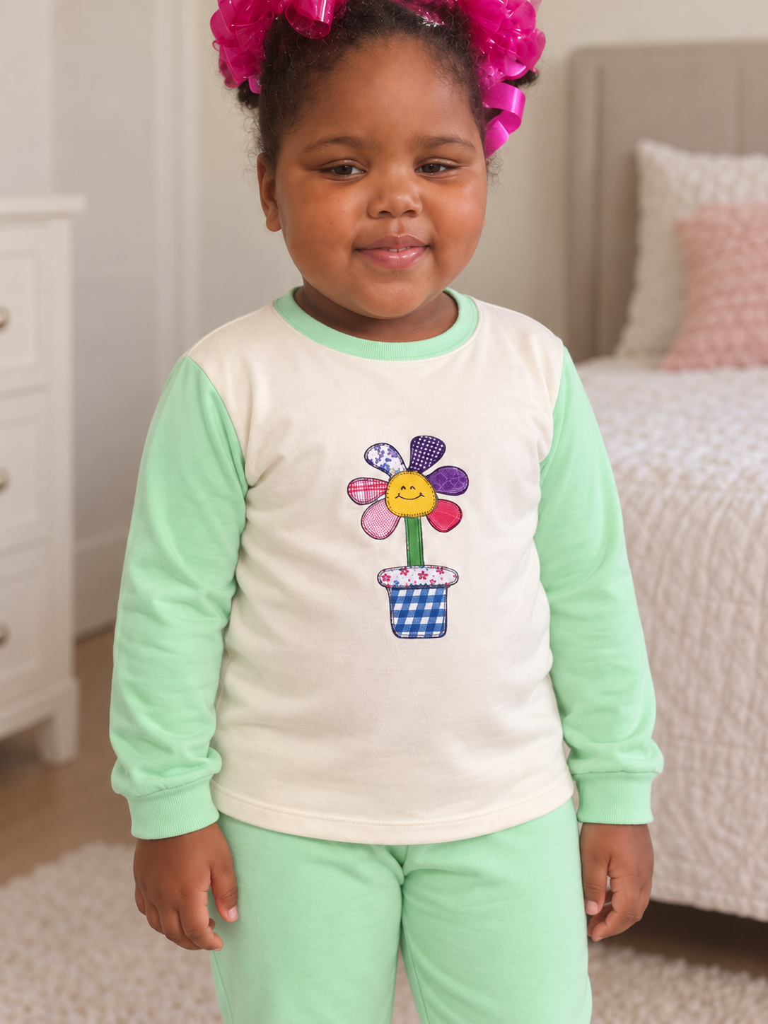 Pijama longo para meninas, Creme e verde menta - flor no vaso, vista C