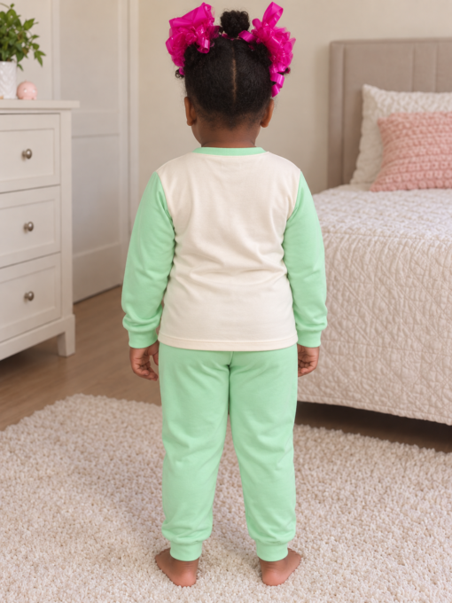 Pijama longo para meninas, Creme e verde menta - flor no vaso, vista D