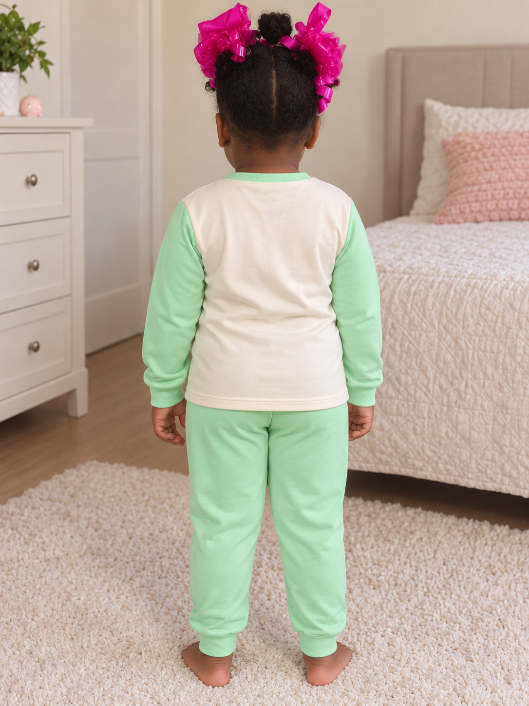 Pijama longo para meninas, Creme e verde menta - flor no vaso, vista D