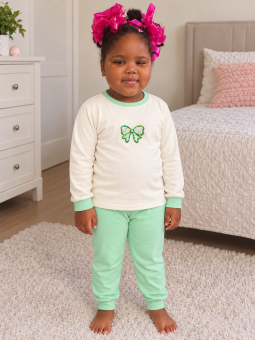 Pijama longo para meninas, Creme e verde menta - laço, vista A