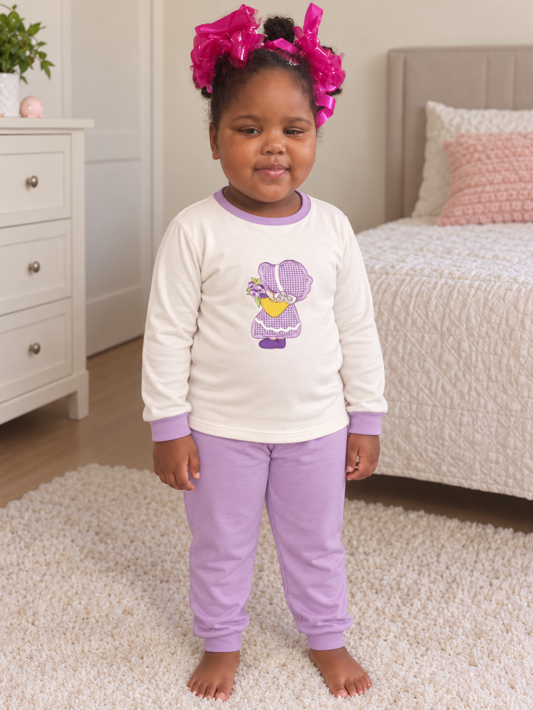 Pijama longo para meninas, Creme e lilás - boneca, vista A