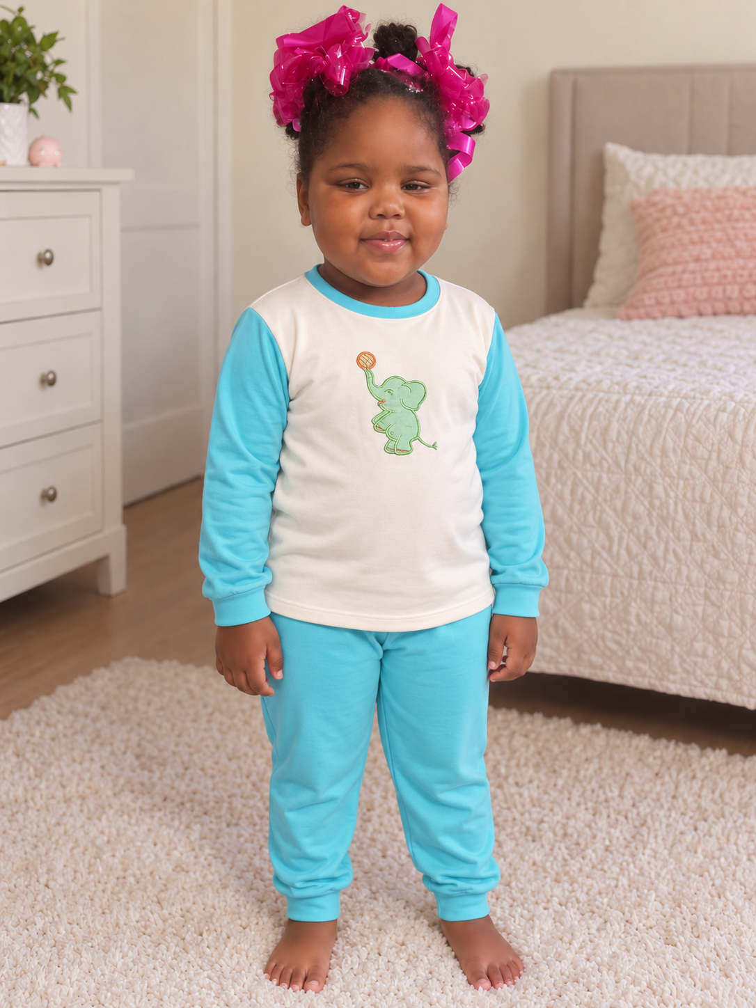 Pijama longo para meninas, Creme e azul turquesa - elefante, vista A