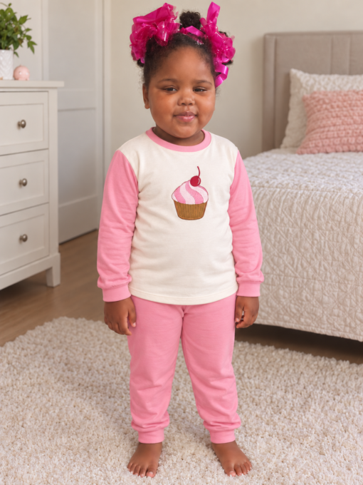 Pijama longo para meninas, Creme e rosa - cupcake, vista A