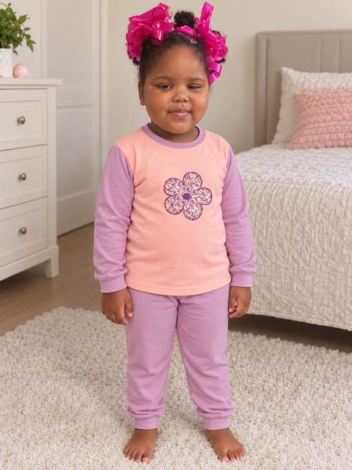 Pijama longo para meninas, Salmão e lilás - flor, vista A