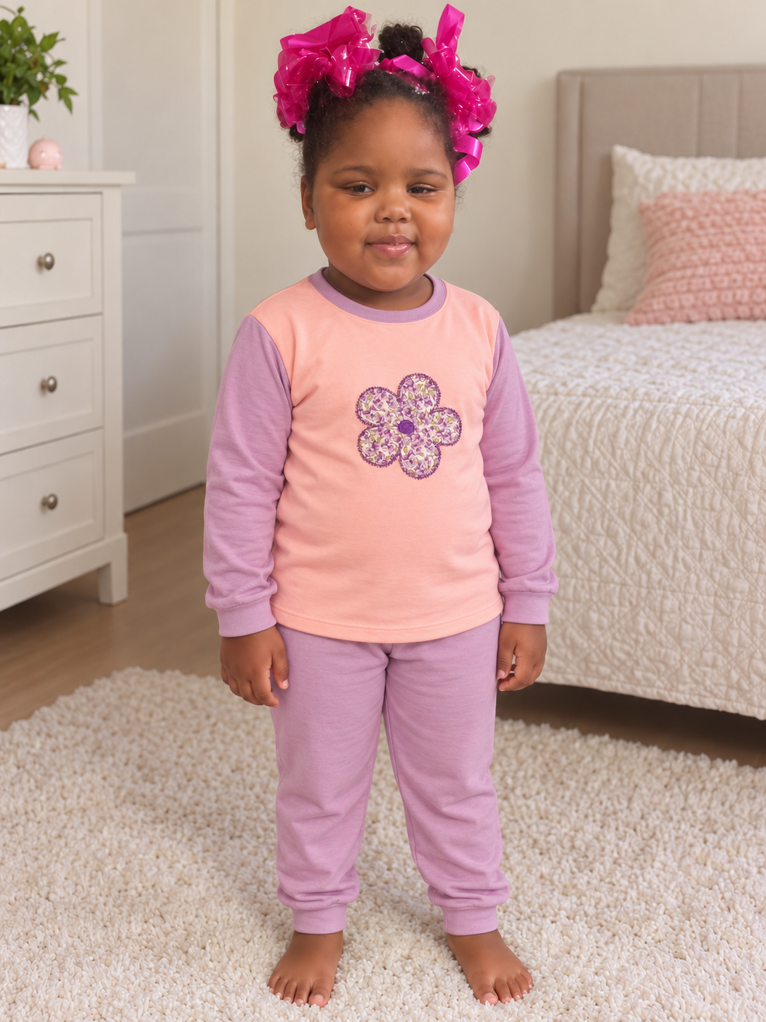Pijama longo para meninas, Salmão e lilás - flor, vista A