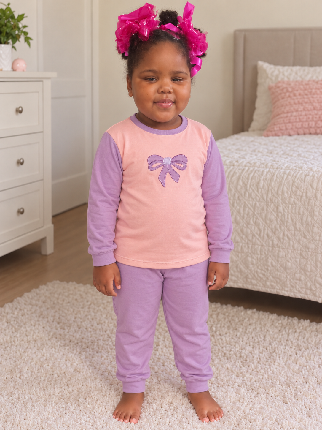 Pijama longo para meninas, Salmão e lilás - laço, vista A