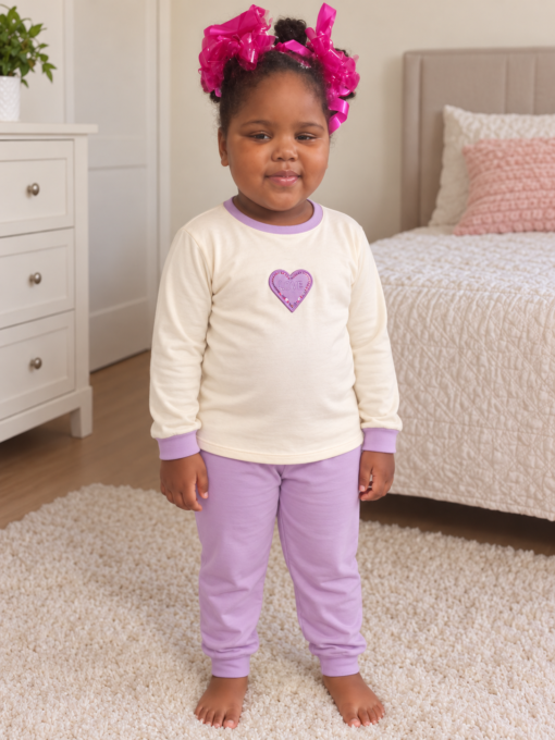 Pijama longo para meninas, Creme e lilás - coração, vista A