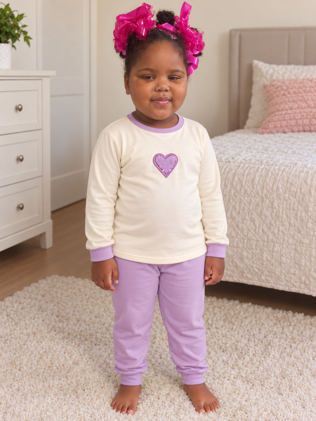 Pijama longo para meninas, Creme e lilás - coração, vista A