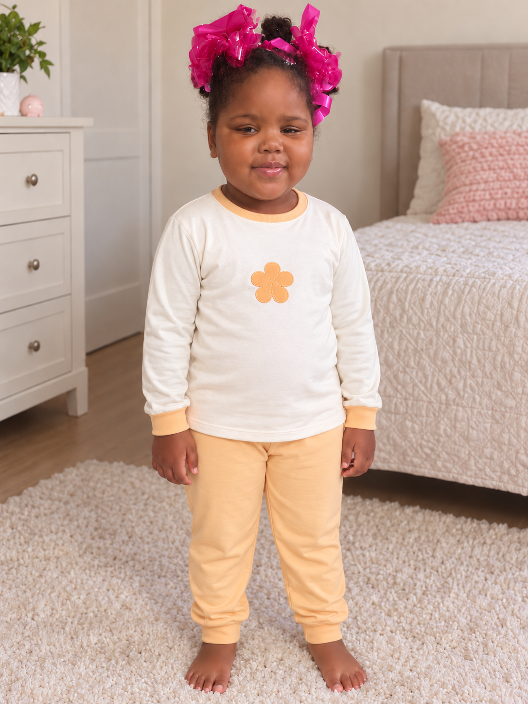 Pijama longo para meninas, Creme e salmão - flor, vista A