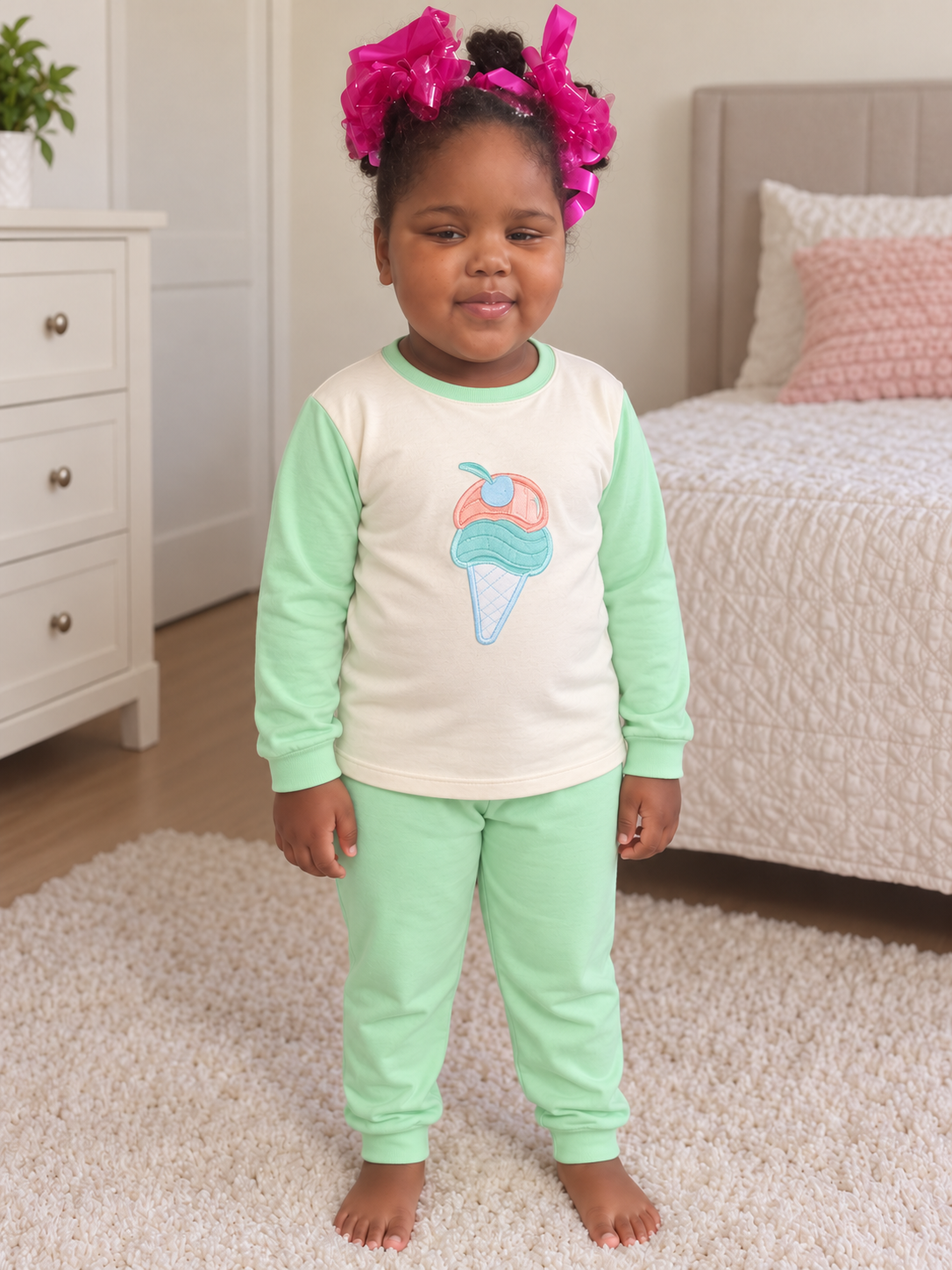 Pijama longo para meninas, Creme e verde menta - sorvete, vista A