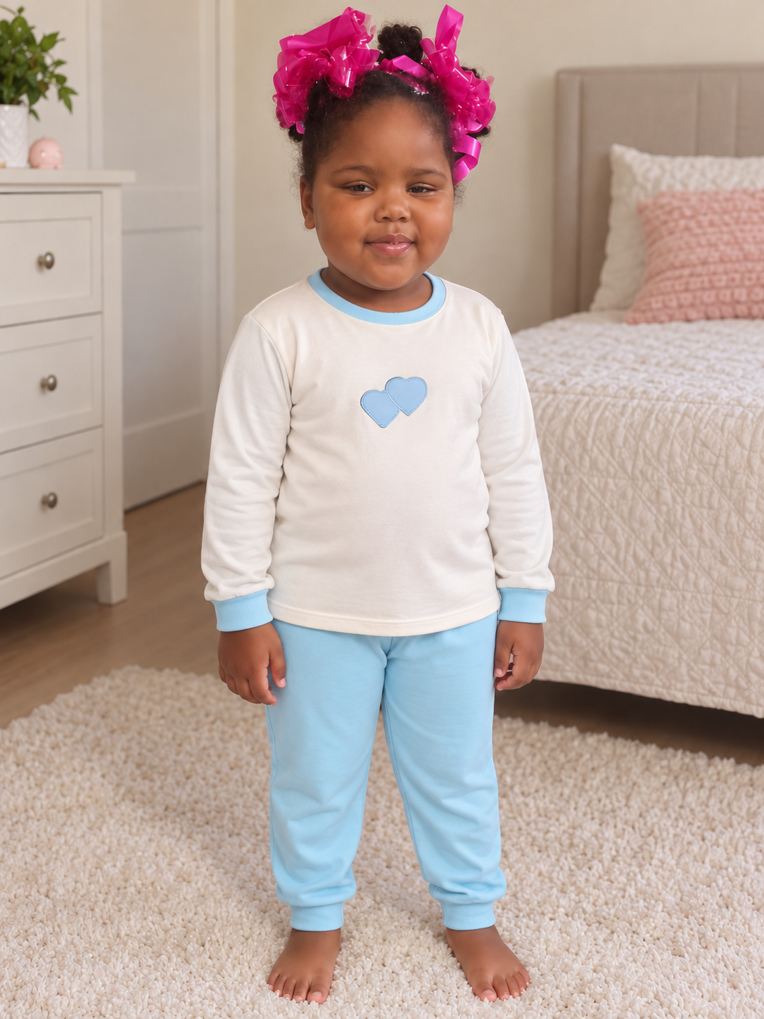 Pijama longo para meninas, Creme e azul claro - corações, vista A