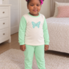 Pijama longo para meninas, Creme e verde menta - borboleta, vista A