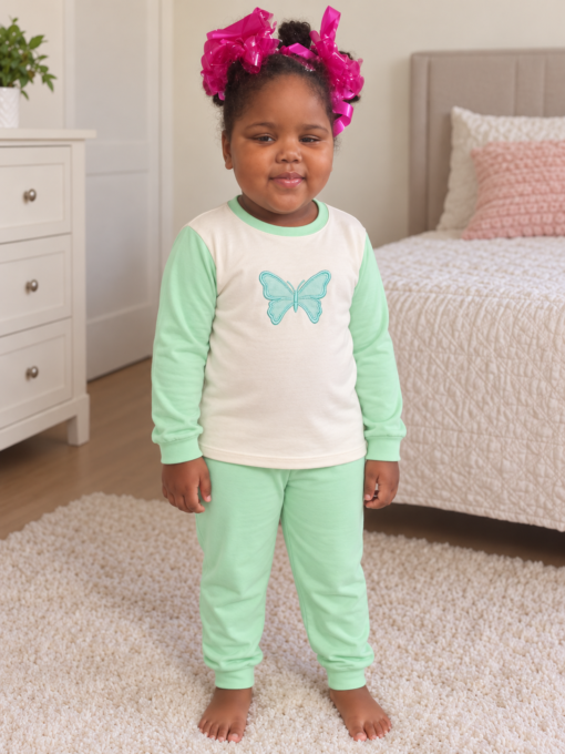 Pijama longo para meninas, Creme e verde menta - borboleta, vista A