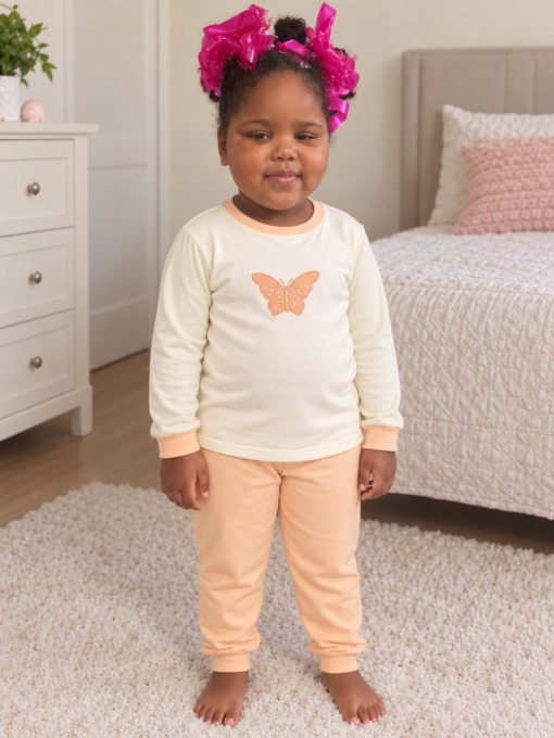 Pijama longo para meninas, Creme e salmão - borboleta, vista A