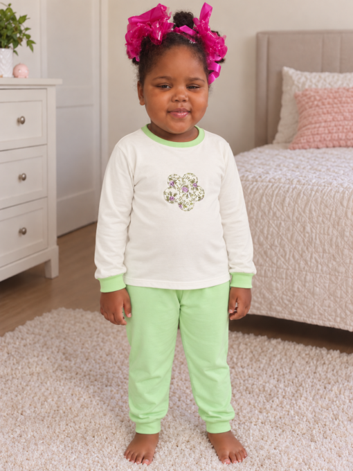 Pijama longo para meninas, Creme e verde claro - flor estampada, vista A