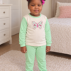 Pijama longo para meninas, Creme e verde menta - borboleta estampada, vista A