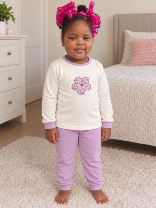 Pijama longo para meninas, Creme e lilás - flor, vista A