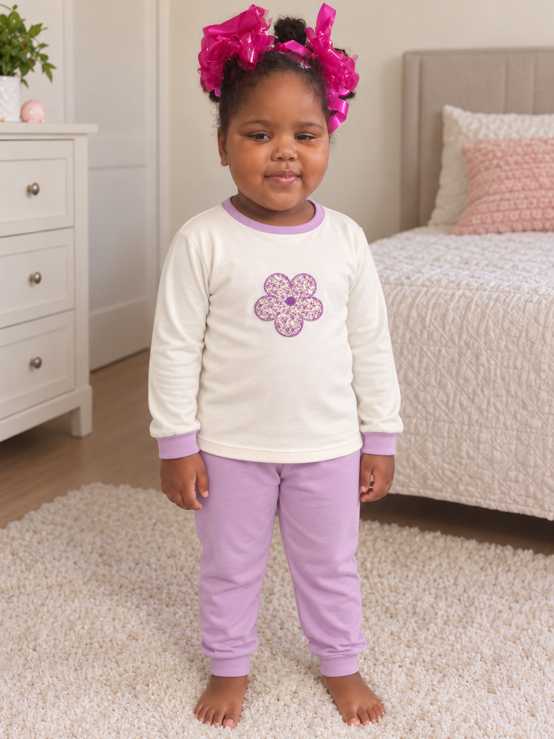Pijama longo para meninas, Creme e lilás - flor, vista A