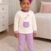 Pijama longo para meninas, Creme e lilás - bolso ovelhas, vista A